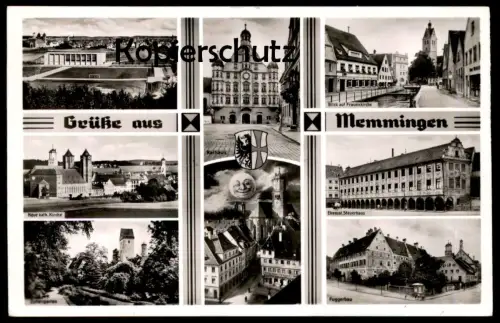 ÄLTERE POSTKARTE GRÜSSE AUS MEMMINGEN Stadion Sportplatz Fuggerbau Steuerhaus Bromsilber-Karte Ansichtskarte postcard AK