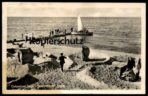 ALTE POSTKARTE OSTSEEBAD-ZINGST BOOTSSTEG MIT SEGLER DARSS STRANDLEBEN STRANDKORB Ansichtskarte postcard cpa AK