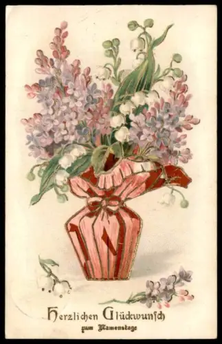 ALTE PRÄGE POSTKARTE HERZLICHEN GLÜCKWUNSCH ZUM NAMENSTAGE VERGOLDET MAIGLÖCKCHEN lily of the valley muguet flower AK