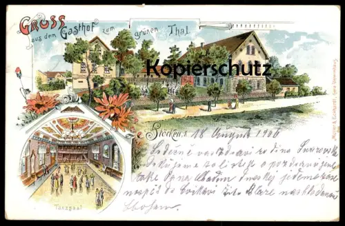 ALTE LITHO POSTKARTE GRUSS AUS DEM GASTHOF ZUM GRÜNEN THAL STÖCKEN LANGENBERNSDORF Trünzig Crimmitschau Ansichtskarte