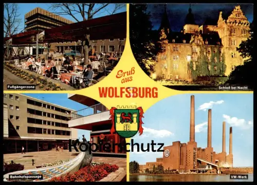 ÄLTERE POSTKARTE GRUSS AUS WOLFSBURG FUSSGÄNGERZONE BAHNHOFSPASSAGE VOLKSWAGEN FABRIK Factory Fabrique VW WERK Schloss