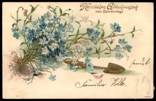 ALTE PRÄGE POSTKARTE HERZLICHEN GLÜCKWUNSCH ZUM NAMENSTAGE VERGOLDET Blume Blumen fleurs flower Ansichtskarte postcard