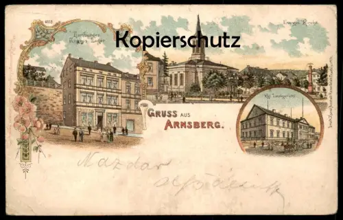 ALTE LITHO POSTKARTE GRUSS AUS ARNSBERG HAMBURGER ENGROS WILH. LOHMEYER LAGER KGL. LANDGERICHT Ansichtskarte AK postcard