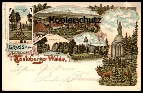 ALTE LITHO POSTKARTE GRUSS VOM TEUTOBURGER WALDE 1899 DETMOLD BISMARCKSTEIN HERMANNSDENKMAL RESIDENZSCHLOSS EXTERNSTEINE
