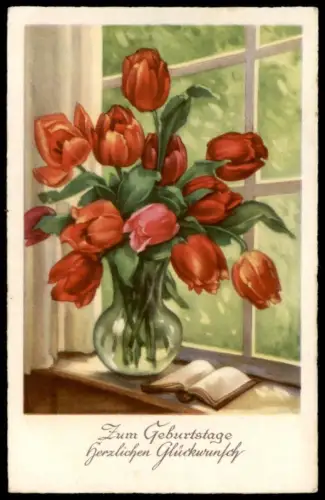 ALTE POSTKARTE ZUM GEBURTSTAGE HERZLICHEN GLÜCKWUNSCH TULPEN BUCH Blumen Tulpe tulip tulipe flowers fleurs flower book