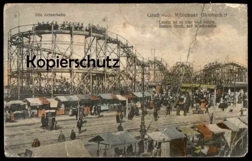 ALTE POSTKARTE MÜNCHEN GRUSS VOM MÜNCHNER OKTOBERFEST DIE ACHTERBAHN roller coaster Lustig ist es hier und schön...