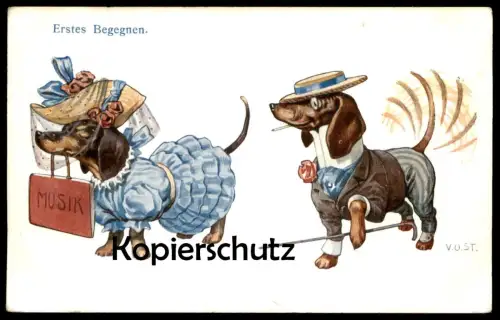 ALTE POSTKARTE DACKEL VERMENSCHLICHT ERSTES BEGEGNEN Hund Dachshund Teckel dog marriage chien postcard cpa AK