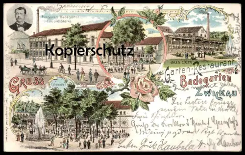 ALTE LITHO POSTKARTE GRUSS AUS DEM GARTEN-RESTAURANT BADEGARTEN ZWICKAU E. STARKE SIGN. PFARRER GROHMANN Anischtskarte