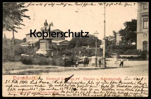 ALTE POSTKARTE DARMSTADT 1904 DENKMAL LUDWIG IV. THEATER UND SCHLOSSTERRASSE AK Ansichtskarte cpa postcard