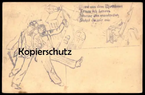 ALTE POSTKARTE ZEICHNUNG GRAD AUS DEM WIRTSHAUS KOMM ICH HERAUS STRASSE.. NACHTWÄCHTER ALKOHOL alcohol drunken Bier beer