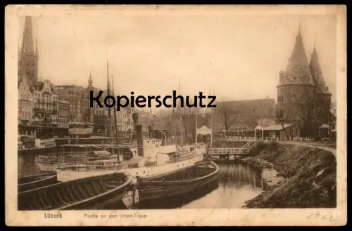 ALTE POSTKARTE LÜBECK PARTIE AN DER UNTER-TRAVE FRACHTSCHIFF DAMPFER cargo ship AK Ansichtskarte postcard cpa