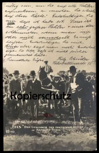 ALTE POSTKARTE HAMBURG HORN PFERD FELS GEWINNER DEUTSCHES DERBY PFERDERENNEN horse race course de chevaux Ansichtskarte