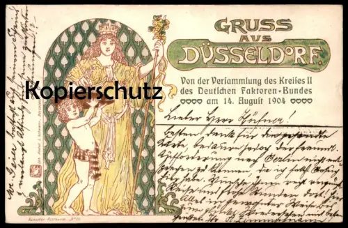 ALTE POSTKARTE JUGENDSTIL KÜNSTLER POSTKARTE DÜSSELDORF 1904 VERSAMMLUNG DEUTSCHER FAKTOREN BUND Ansichtskarte postcard