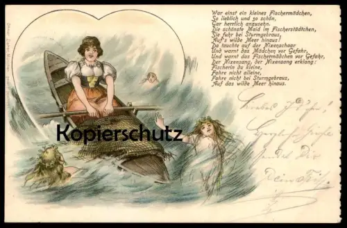 ALTE LITHO POSTKARTE FISCHERMÄDCHEN NIXE MEERJUNGFRAU Oceaniden mermaid femme 1898 waves Wellen postcard Ansichtskarte