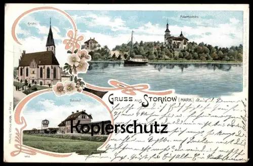 ALTE LITHO POSTKARTE GRUSS AUS STORKOW MARK BAHNHOF KIRCHE HUBERTUSHÖHE gare station Ansichtskarte postcard AK cpa