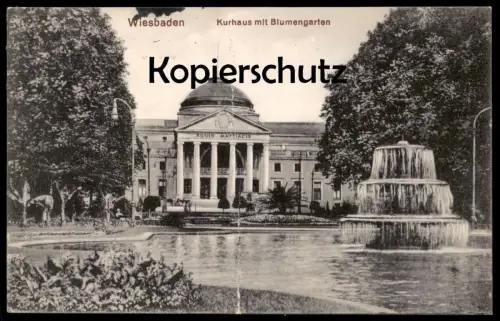 ALTE POSTKARTE WIESBADEN KURHAUS MIT BLUMENGARTEN 1914 BRUNNEN fontaine fountain AK cpa postcard Ansichtskarte