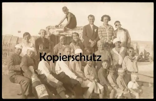 ALTE FOTO POSTKARTE AHLBECK 1929 MATHEUS MÜLLER EXTRA SEKT ELTVILLE SEKTFLASCHE AM STRAND USEDOM Heringsdorf postcard AK