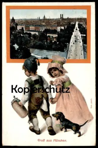 ALTE PRÄGE POSTKARTE GRUSS AUS MÜNCHEN MÜNCHNER KINDL DACKEL Hund Dachshund Teckel dog chien Ansichtskarte postcard cpa