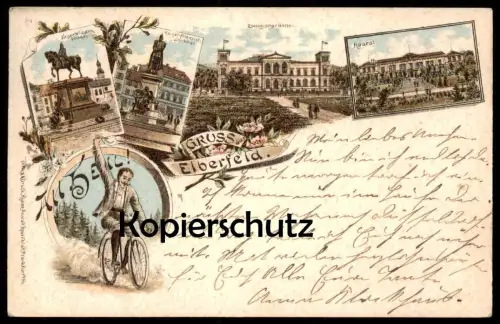 ALTE LITHO POSTKARTE GRUSS AUS ELBERFELD ALL HEIL RADFAHRER FAHRRAD ZOO HAARDT DENKMAL Ansichtskarte cpa postcard AK