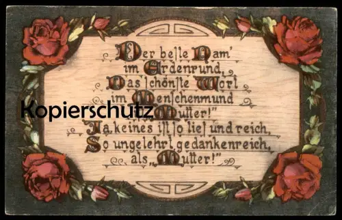 ALTE KÜNSTLER POSTKARTE ROSE SPRUCH MUTTER DER BESTE NAM IM ERDENRUND DAS SCHÖNSTE WORT HOLZBRANDMALEREI mother Blume AK