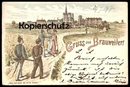 ALTE POSTKARTE GRUSS AUS BRAUWEILER 1897 NUN LEB WOHL DU STILLE GASSE POLIZEI VERHAFTUNG Ehebruch Pulheim Ansichtskarte