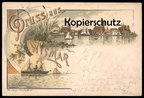 ALTE LITHO POSTKARTE GRUSS AUS WISMAR 1898 Hafen harbour Fischerboot fishing boat bateau de peche Ansichtskarte postcard