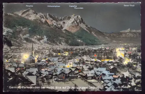 ÄLTERE POSTKARTE GARMISCH PARTENKIRCHEN BEI NACHT BLICK AUF ZUGSPITZGRUPPE at night la nuit Ansichtskarte cpa postcard