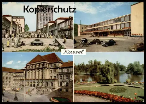 ÄLTERE POSTKARTE KASSEL HAUPTBAHNHOF TREPPENSTRASSE RATHAUS INSEL SIEBENBERGEN VW KÄFER FAHRRAD Bahnhof station gare AK