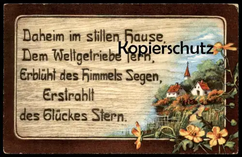 ALTE KÜNSTLER POSTKARTE BLUMEN SPRUCH 1916 HEIM GLÜCK ZU HAUS RUHE HEIMAT STERN HOLZBRANDMALEREI home Ansichtskarte AK