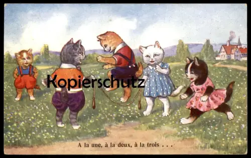 ALTE POSTKARTE KATZEN A LA UNE A LA DEUX A LA TROIS Seilchenspringen Spiel cat cats chat chats Katze postcard Kätzchen