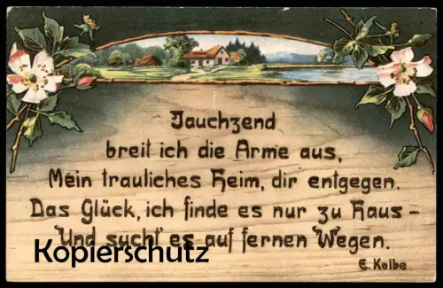 ALTE KÜNSTLER POSTKARTE BLUMEN SPRUCH ERNST KOLBE MEIN HEIM GLÜCK ZU HAUS ZUHAUSE HOLZBRANDMALEREI Blume cpa postcard AK