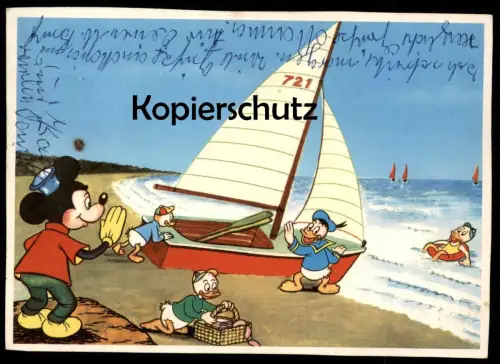ÄLTERE POSTKARTE MICKEY MOUSE DONALD DUCK TRICK TICK TRACK AM STRAND SEGELBOOT WALT DISNEY cpa postcard Ansichtskarte