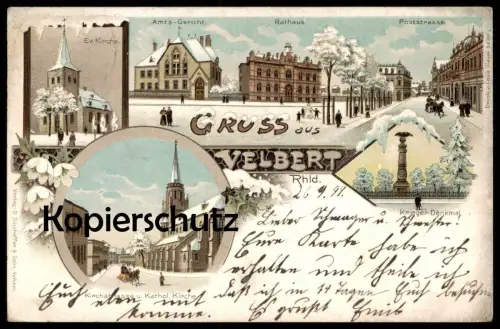 ALTE WINTER LITHO POSTKARTE GRUSS AUS VELBERT 1899 KIRCHSTRASSE POSTSTRASSE SCHLITTEN AMTSGERICHT KIRCHE Ansichtskarte