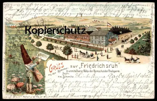 ALTE LITHO POSTKARTE GRUSS AUS DEM RESTAURANT FRIEDRICHSRUH NÄHE REMSCHEIDER THALSPERRE Talsperre Remscheid Zwerg dwarf