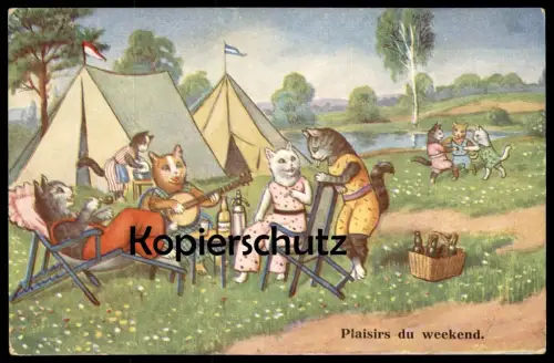 ALTE POSTKARTE KATZEN VERMENSCHLICHT PLAISIERS DU WEEKEND Zelt Zelten camping tent cat cats chat chats Katze postcard