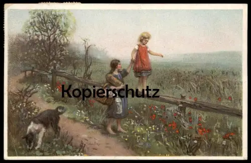 ALTE POSTKARTE KINDER HUND MÄDCHEN BALANCIERT Brot bread Balance enfants children child dog chien equilibrisme postcard