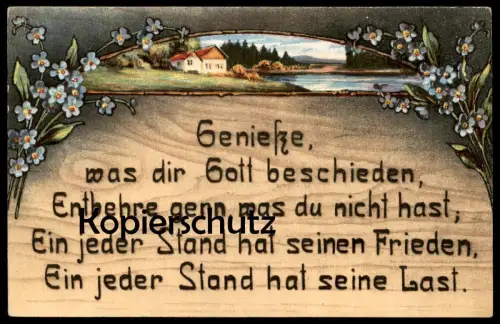 ALTE KÜNSTLER POSTKARTE SPRUCH BESCHEIDENHEIT NEID ENTBEHRUNG LAST & FRIEDEN HOLZBRANDMALEREI postcard cpa Ansichtskarte