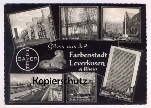 ÄLTERE POSTKARTE GRUSS AUS DER FARBENSTADT LEVERKUSEN AM RHEIN CARL DUISBERG GYMNASIUM STADTBAD MORSBROICH AUTOBAHN AK