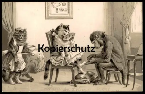 ALTE PRÄGE POSTKARTE KATZE VERMENSCHLICHT AFFE PEDIKÜRE monkey ape singe cat cats chat chats Katzen postcard cpa AK