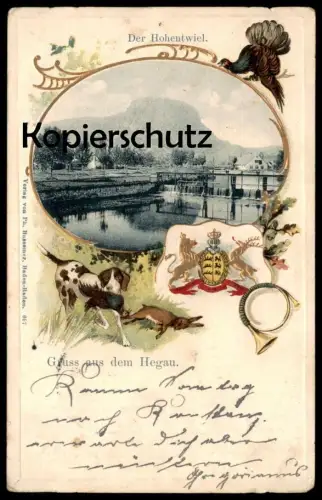 ALTE POSTKARTE PRÄGE POSTKARTE GRUSS AUS DEM HEGAU DER HOHENTWIEL JAGD HUNTING HASE AUERHAHN Jagdhund Jagdhorn postcard