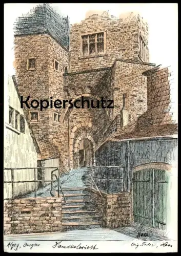 ÄLTERE POSTKARTE ALZEY BURGTOR HANDKOLORIERT FEDERZEICHNUNG ORIGINAL FEDER SIGN. FRITZ HESS Ansichtskarte postcard cpa