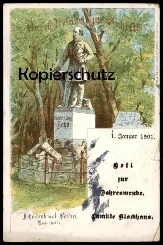 ALTE LITHO POSTKARTE JAHN DENKMAL BERLIN HASENHAIDE DURCH REINHEIT ZUR TURNHEIT Turnvater Turnen Hasenheide Klockhaus AK