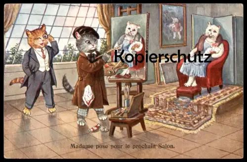ALTE POSTKARTE KATZEN VERMENSCHLICHT MALER PAINTER MADAME POSE POUR LE PROCHAIN SALON cat cats chat chats Katze postcard