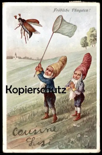 ALTE POSTKARTE FRÖHLICHE PFINGSTEN MAIKÄFER ZWERG INSEKTENFÄNGER Zwerge dwarf dwarf nains nain hanneton pentecost cpa AK