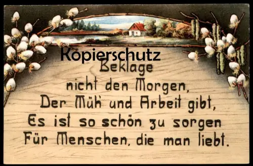 ALTE KÜNSTLER POSTKARTE SPRUCH BESCHEIDENHEIT ENTBEHRUNG MÜHE ARBEIT FAMILIE HOLZBRANDMALEREI postcard cpa Ansichtskarte