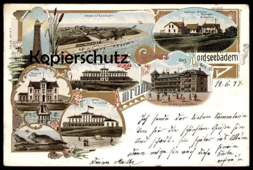 ALTE LITHO POSTKARTE INSEL AMRUM STRAND MIT EISENBAHN GRUSS AUS DEN NORDSEEBÄDERN GOLDFARBENE UMRANDUNG Ansichtskarte AK