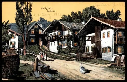 ALTE KÜNSTLER POSTKARTE KOHLGRUB DORFPARTIE EUGEN FELLE ISNY Aurora Gans Gänse postcard Ansichtskarte AK cpa
