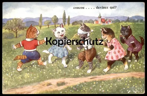 ALTE POSTKARTE KATZEN VERMENSCHLICHT COUCOU DEVINEZ QUI Blinde Kuh Spiel cat cats chat chats Katze postcard cpa Kätzchen