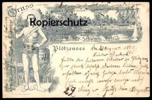 ALTE LITHO POSTKARTE GRUSS VON DER KÖNIGLICHEN MILITÄR-SCHWIMMANSTALT PLÖTZENSEE BERLIN Mann man boy semi nude cpa AK