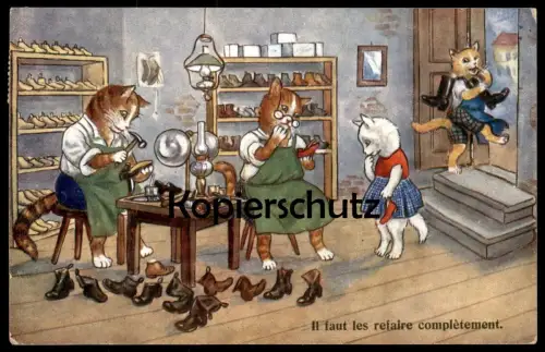 ALTE POSTKARTE KATZEN VERMENSCHLICHT Schuster Schuhmacher Schuhe Schuh cat cats chat chats Katze postcard cpa Kätzchen